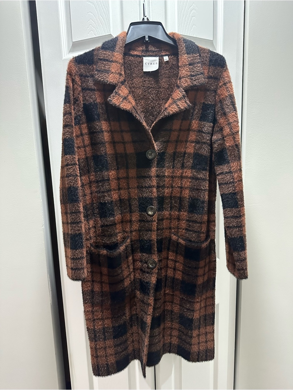 Cyrus Brown & Black Plaid Long Pea Coat